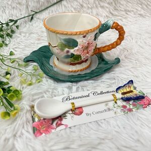 Botanical Collection By Corner Ruby 3 Piece Tea Cup Saucer Spoon Cottagecore New